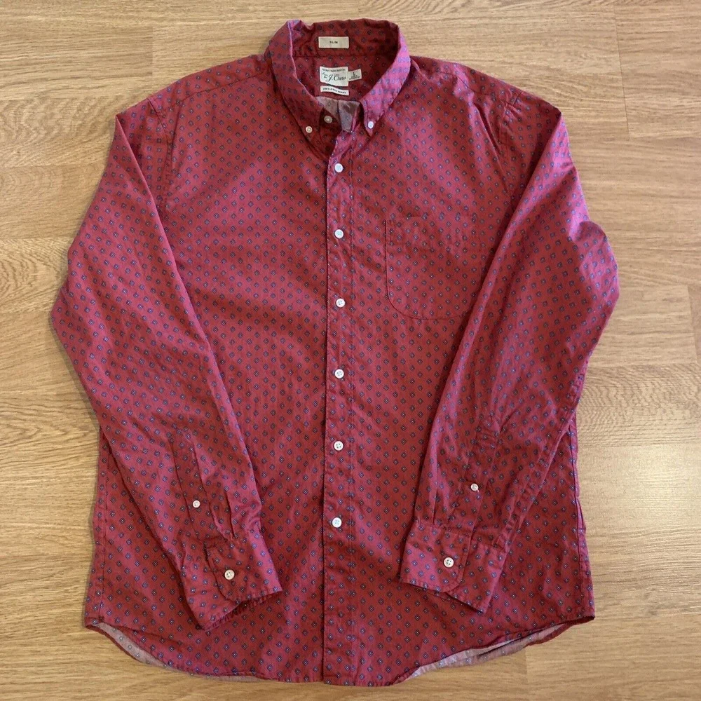 J.Crew Shirt Men's‎ Large Slim Fit Secret Wash 100's 2-Ply Yarn Red Geometric